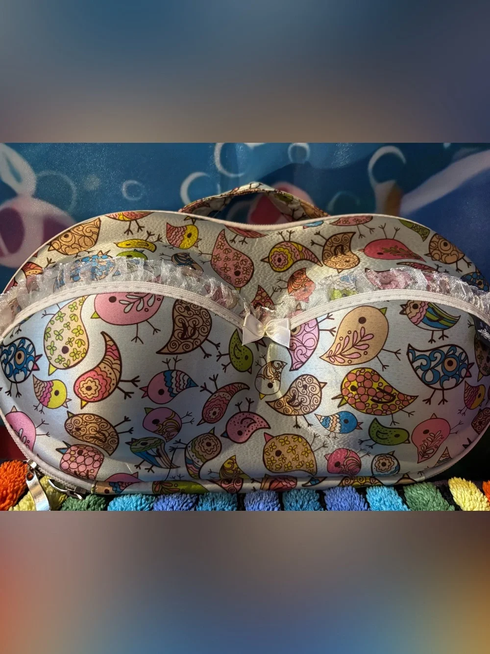 Bird-Print Bra Travel Case - Pink, Blue, Green, Yellow
